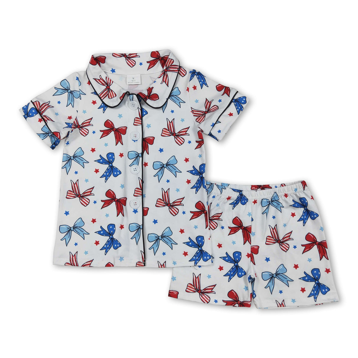 Short sleeves blue red bow kids girls 4th of july pajamas