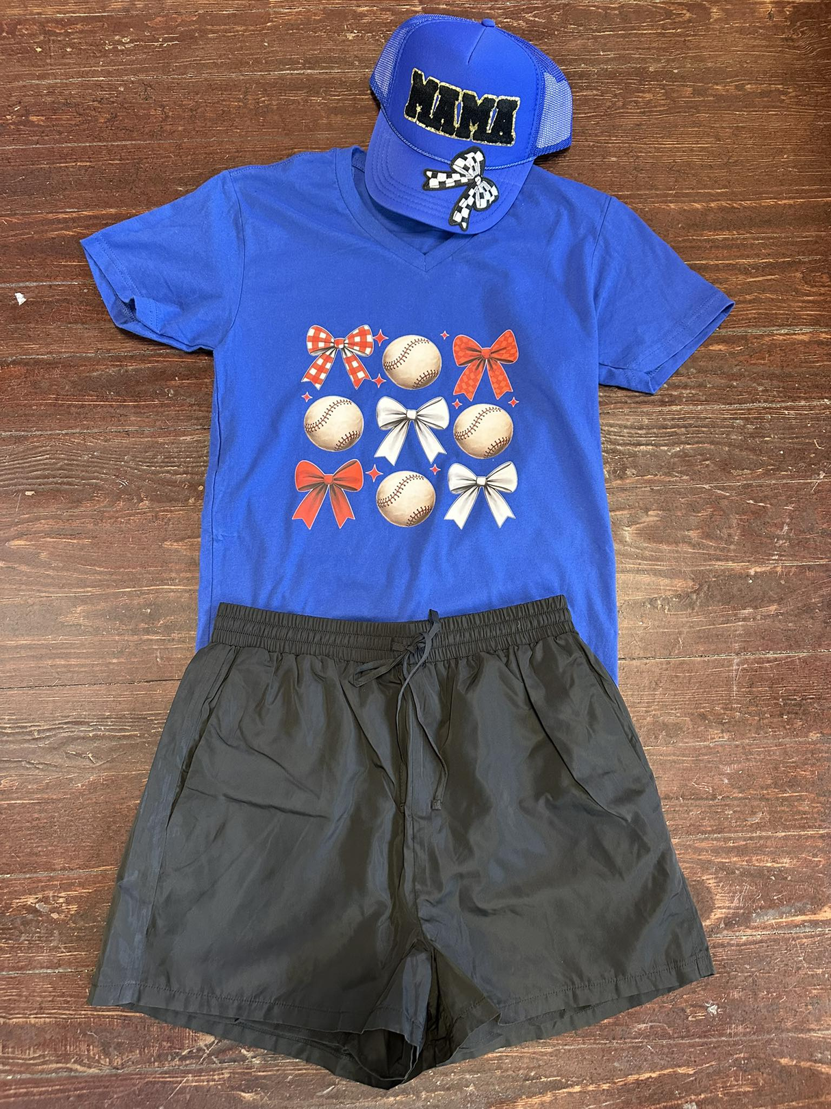 Blue baseball bow top black shorts girls clothing set
