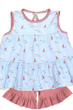 Sleeveless patchwork boat ruffle stripe kids girls outfits