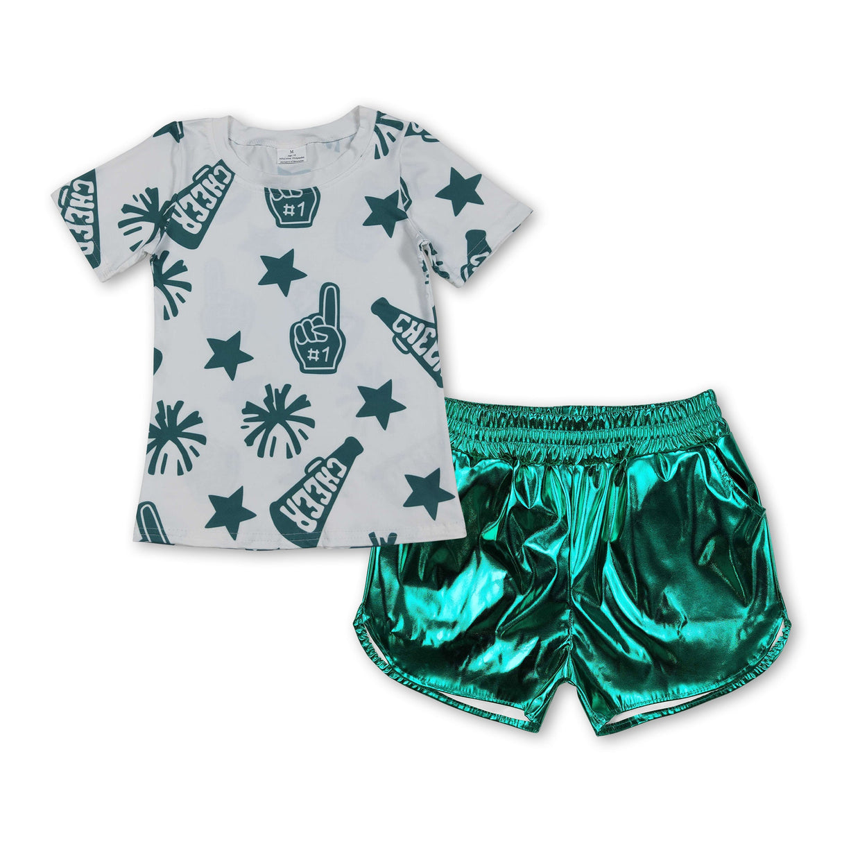 Green short sleeves cheer top shorts kids girls clothes