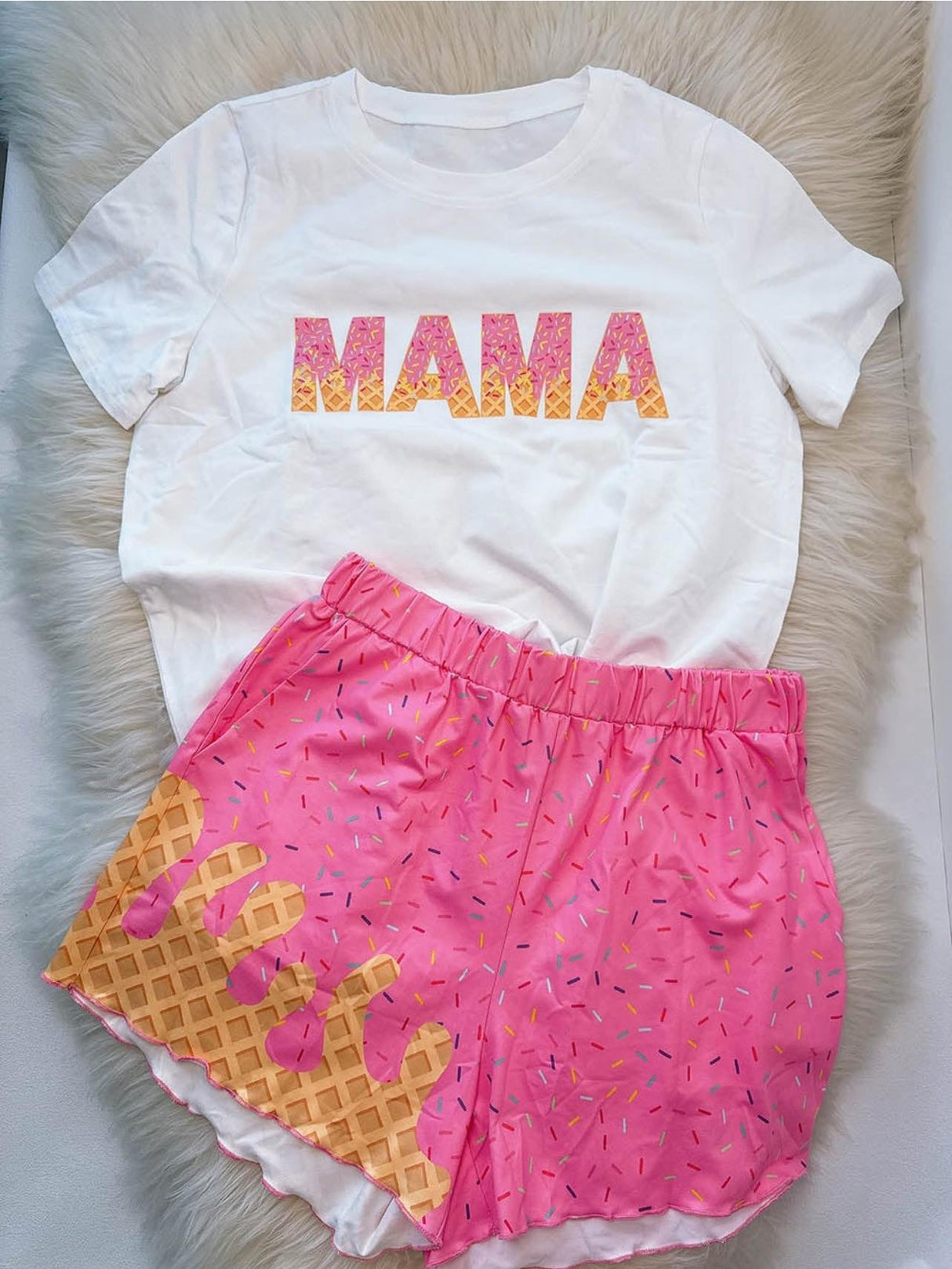 Short sleeves Mama pink ice cream sprinkle shorts set