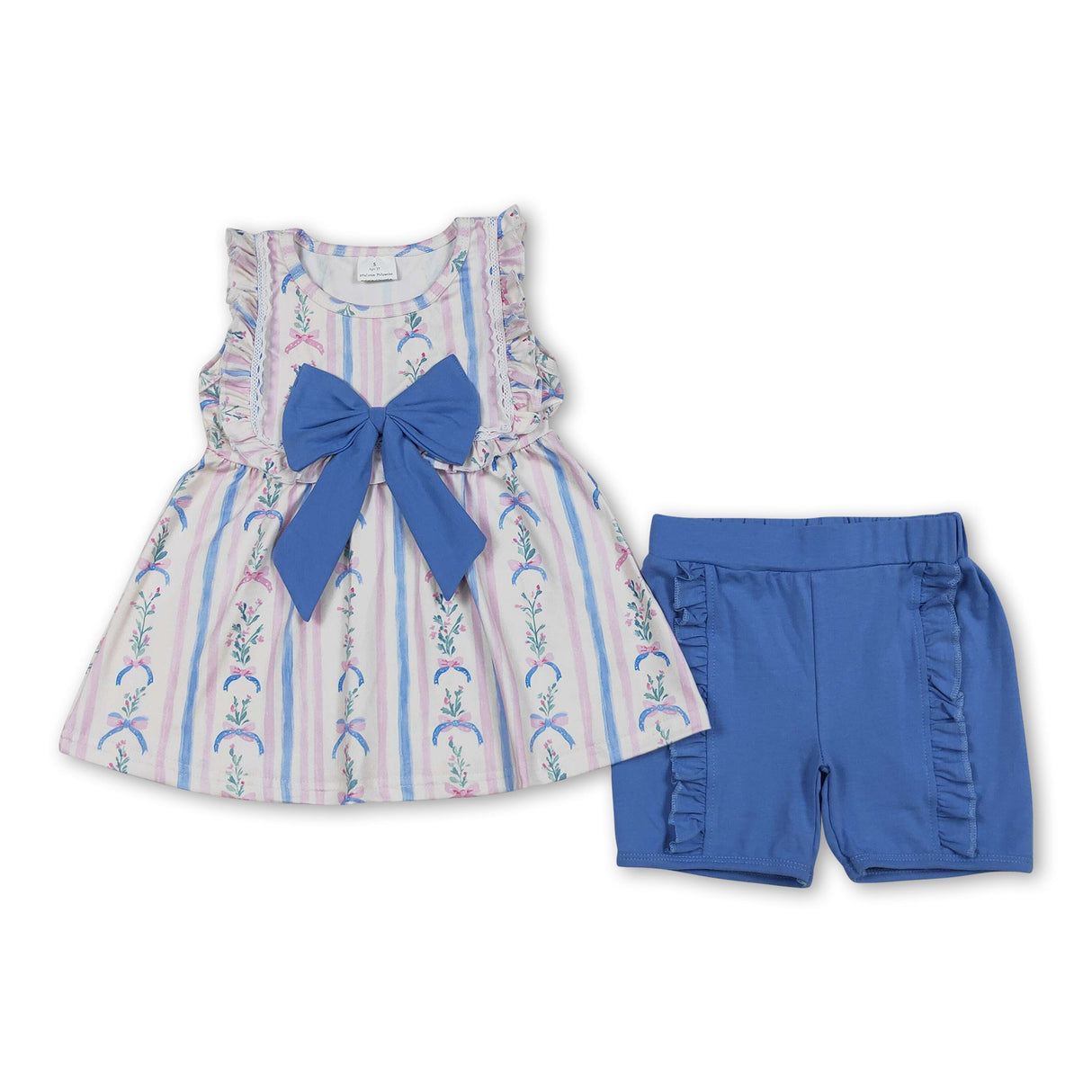 Blue bow floral ruffle tunic shorts girls clothing set