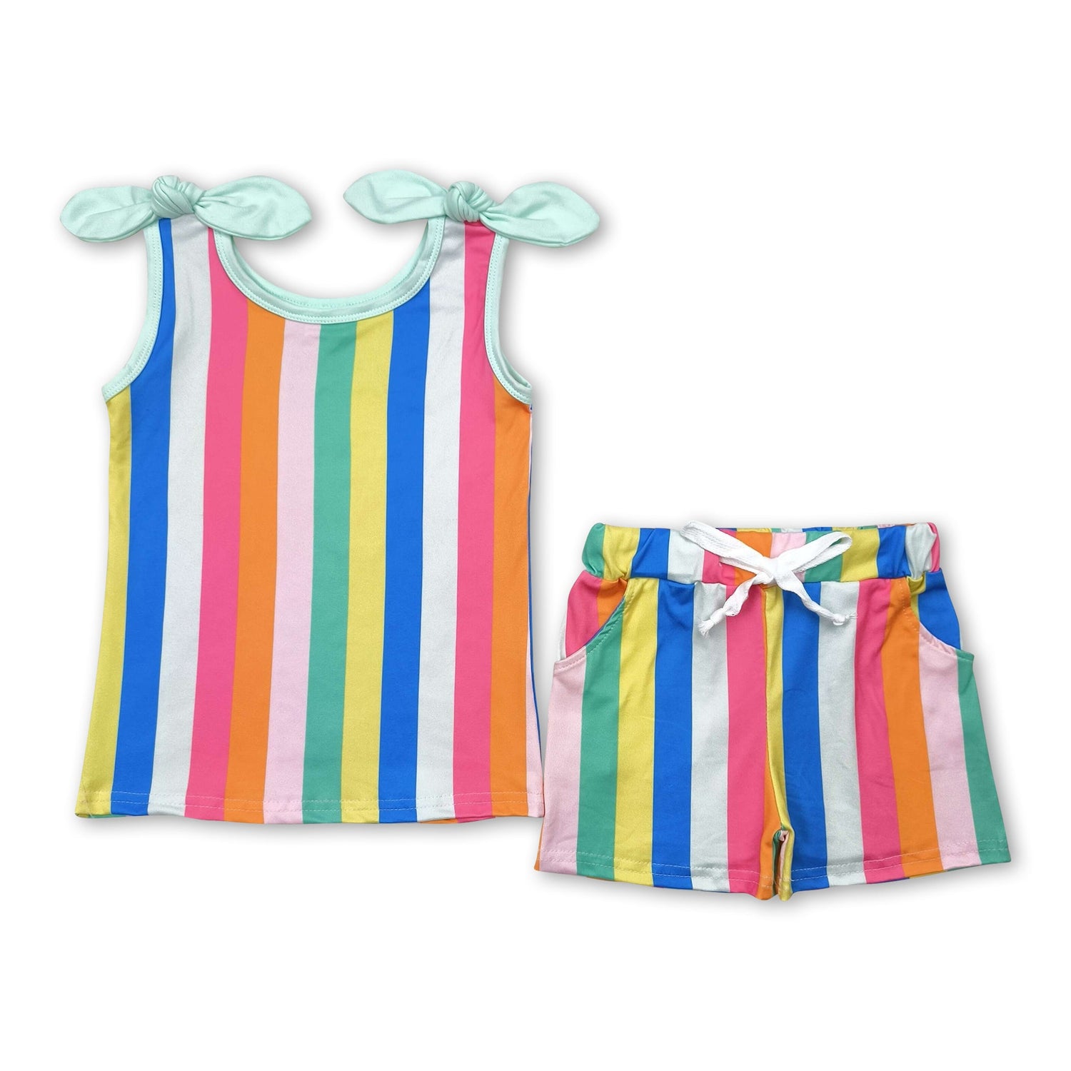 Sleeveless colorful stripe top shorts girls clothing set