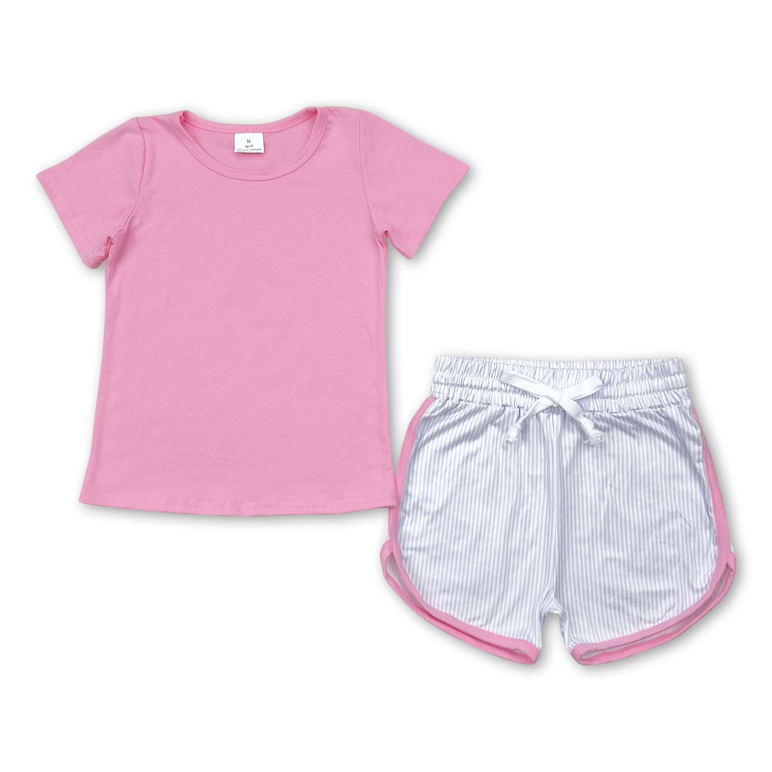 Short sleeves pink top stripe shorts kids girls clothes