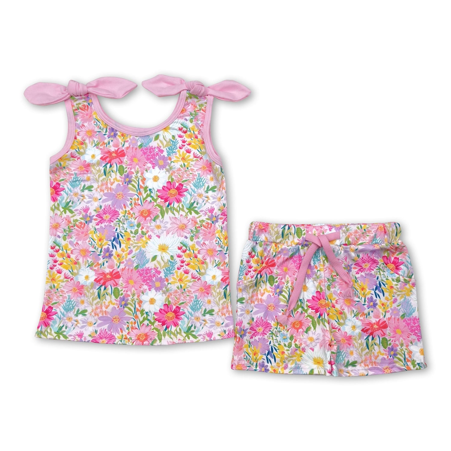 Sleeveless pink floral top shorts kids girls clothing set