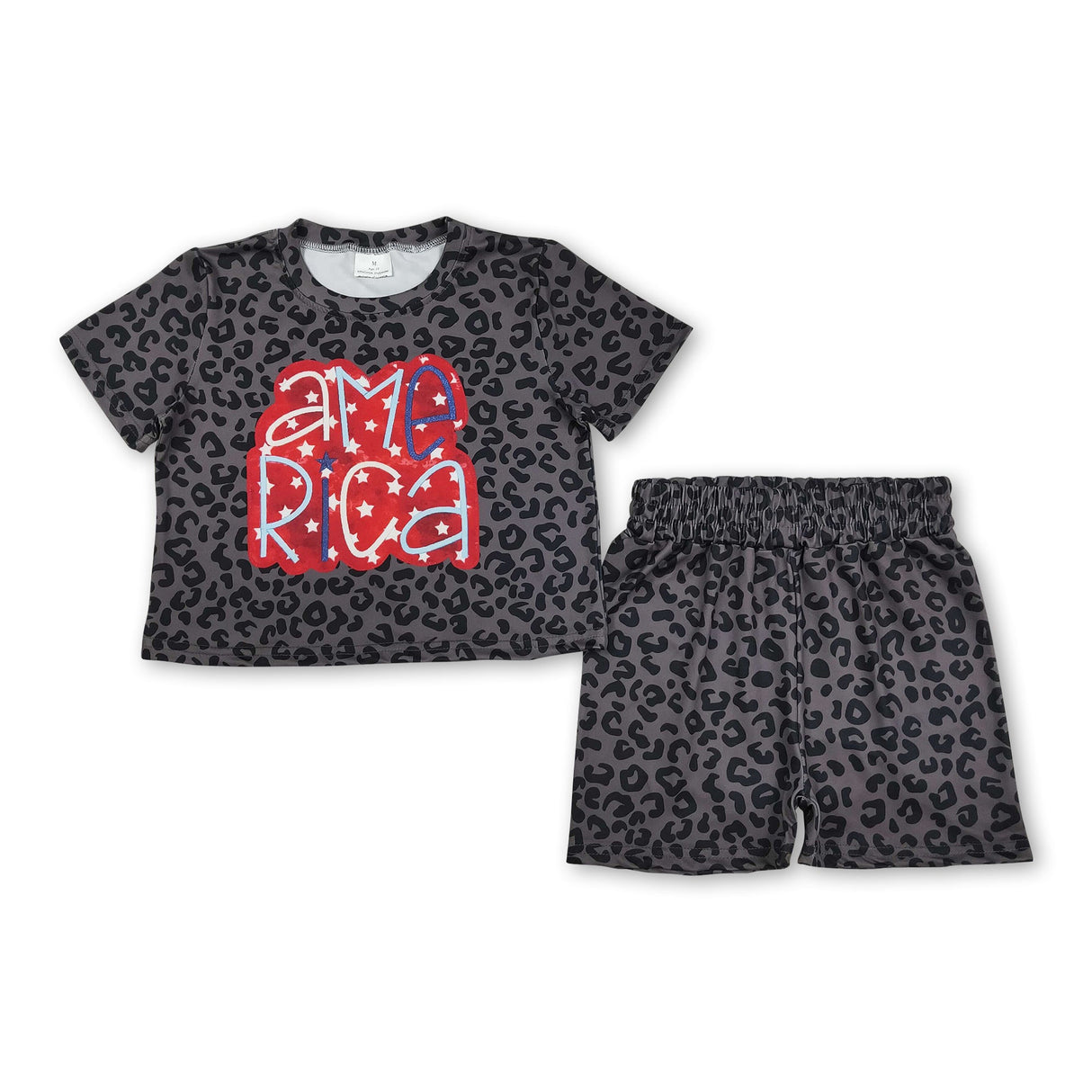 Short sleeves black leopard America girls 4th of july set