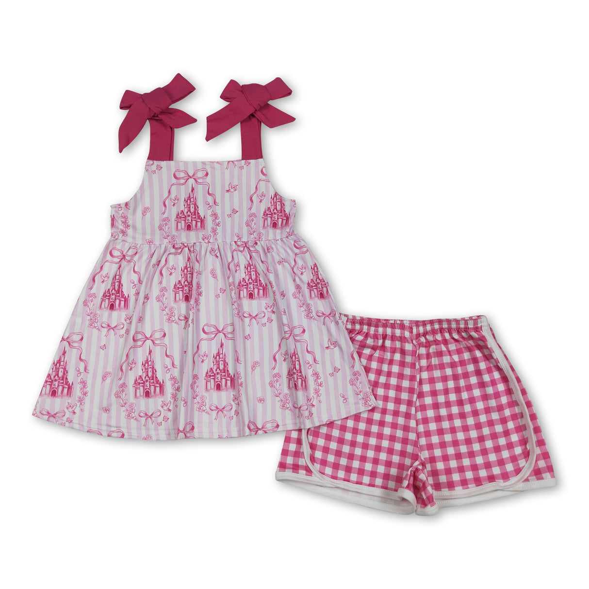 Straps stripe castle bow floral tunic shorts girls clothes