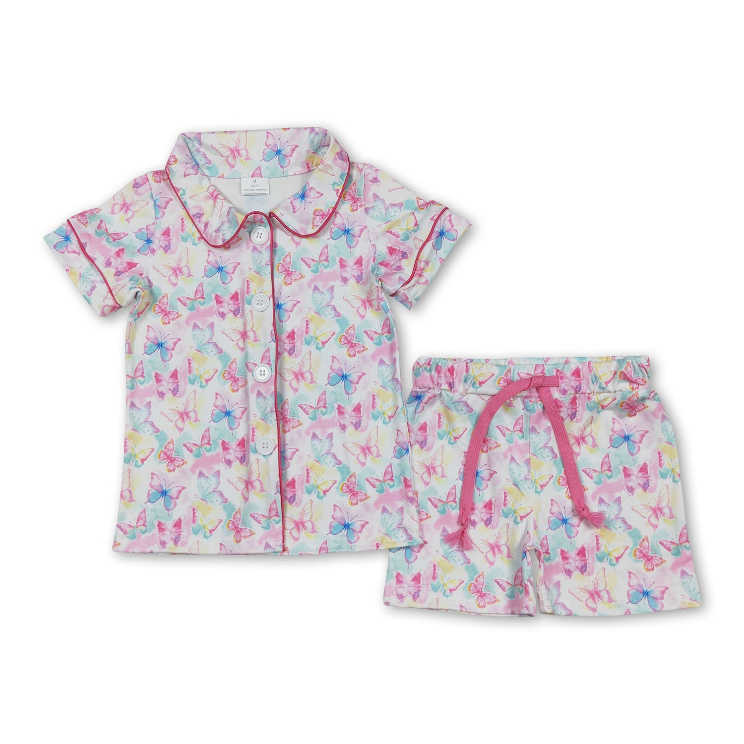 Short sleeves colorful butterfly kids girls button down pajamas