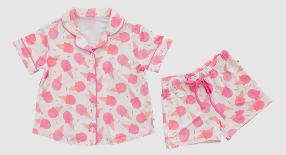 Short sleeves ice cream kids girls button down pajamas