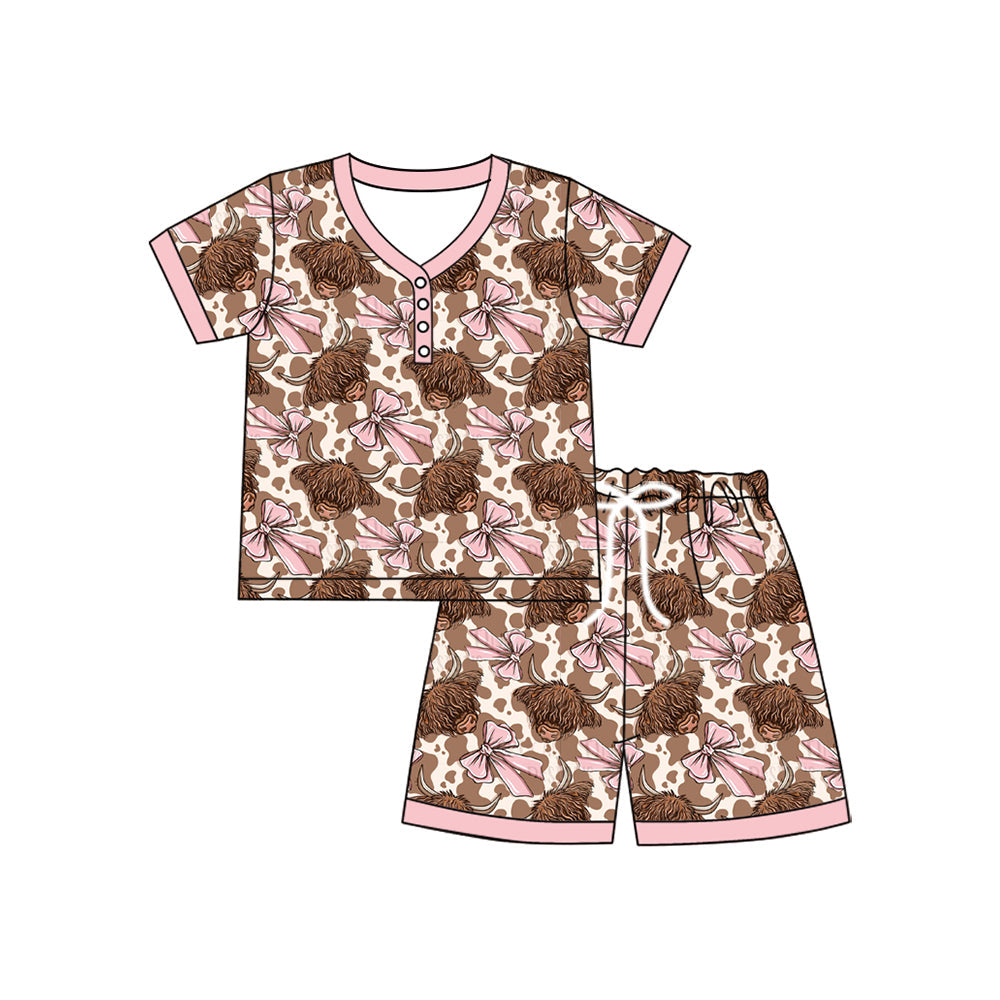 Short sleeves pink bow highland cow adult women pajamas