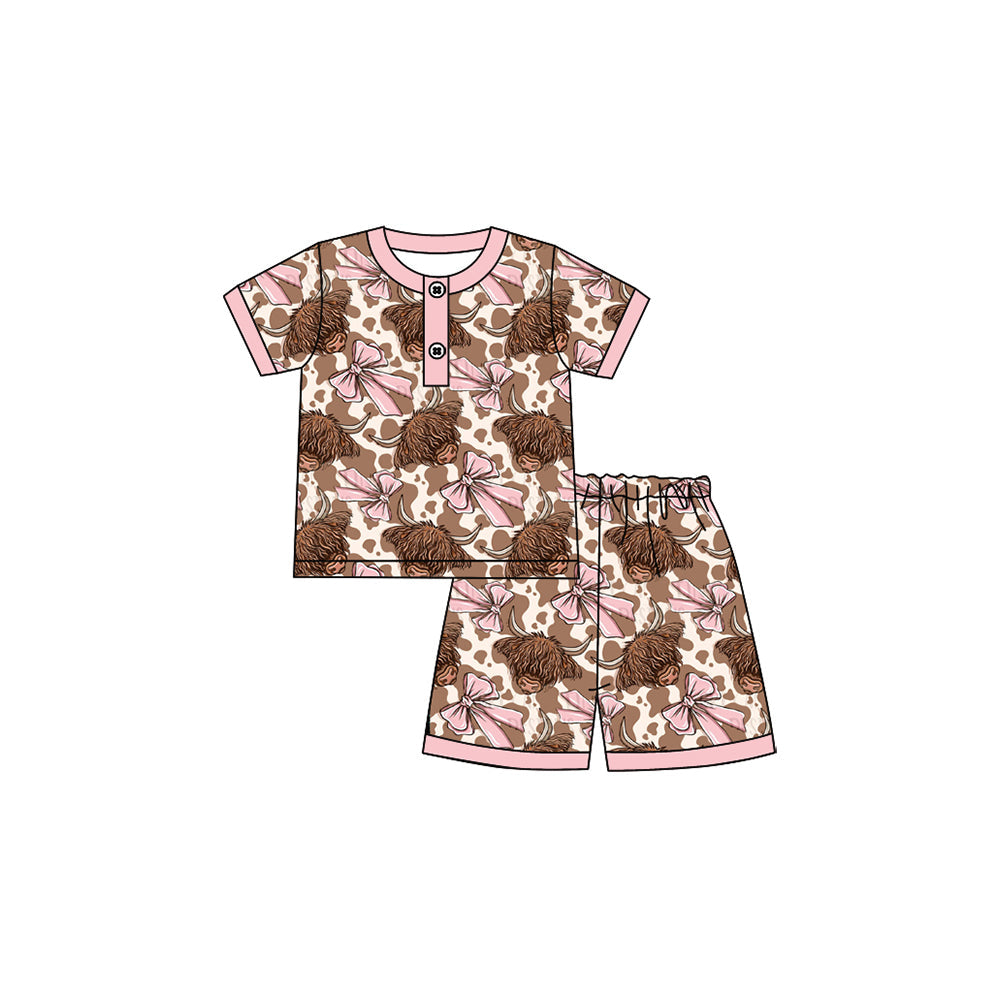 Short sleeves highland cow bow western girls pajamas