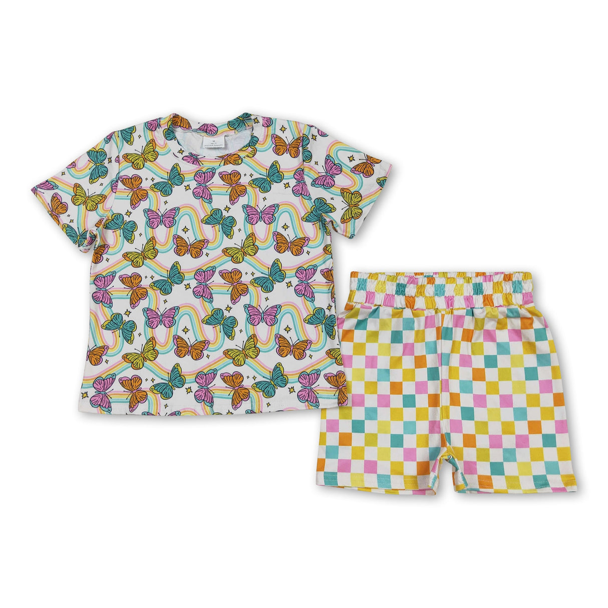 Short sleeves butterfly top colorful plaid shorts girls pajamas