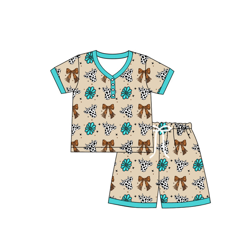 Short sleeves turquoise cow bow adult women pajamas