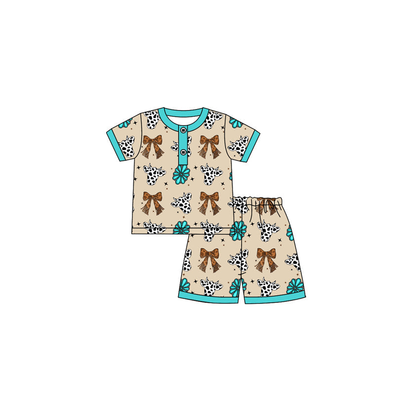Turquoise cow bow print western kids girls pajamas