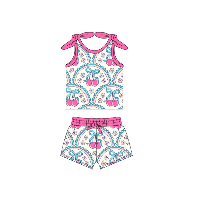 Sleeveless floral cherry bow baby girls summer clothes