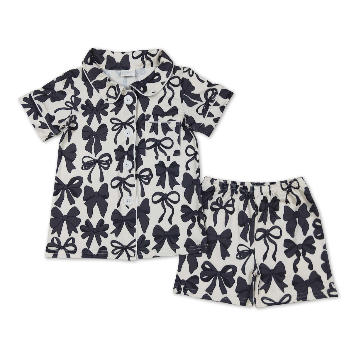Short sleeves black bow girls button down pajamas