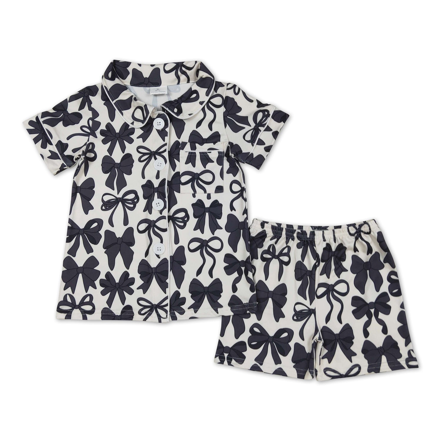 Short sleeves black bow girls button down pajamas