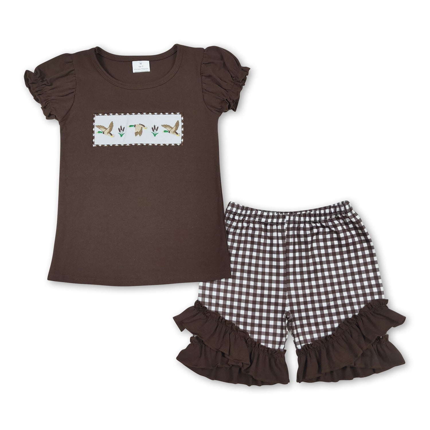 Brown short sleeves duck top plaid shorts girls clothing