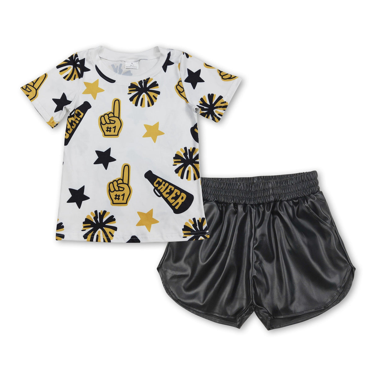 Short sleeves gold stars cheer top black shorts girls clothes