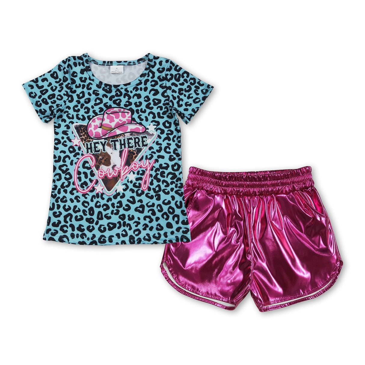 Short sleeves leopard cowboy top pink shorts girls clothes