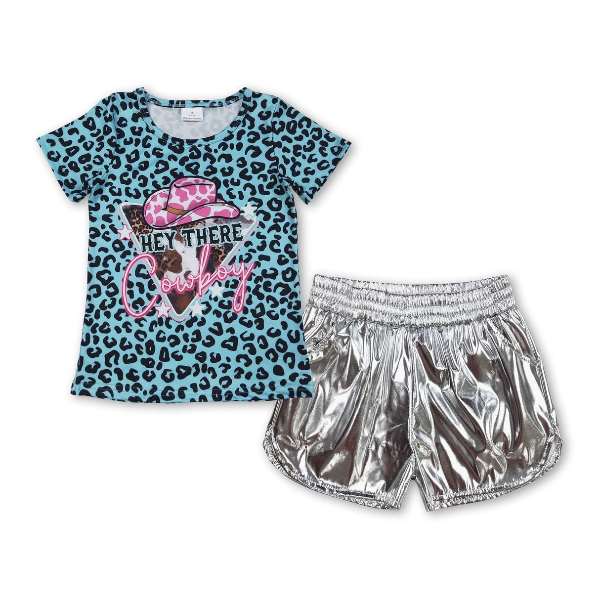 Short sleeves leopard cowboy top grey shorts girls clothes