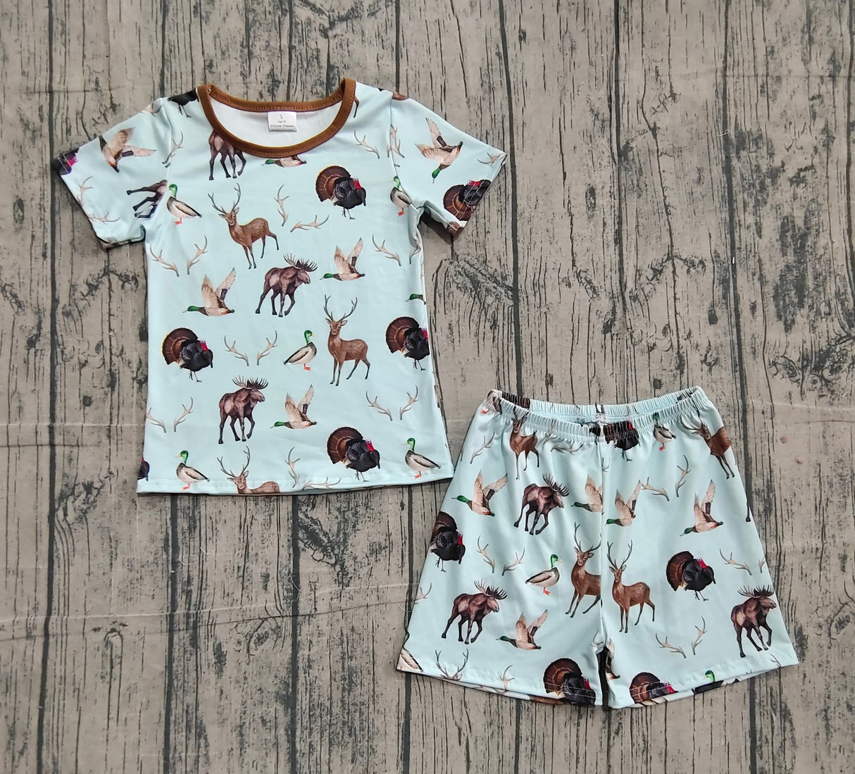 Short sleeves deer turkey duck top shorts boys pajamas set