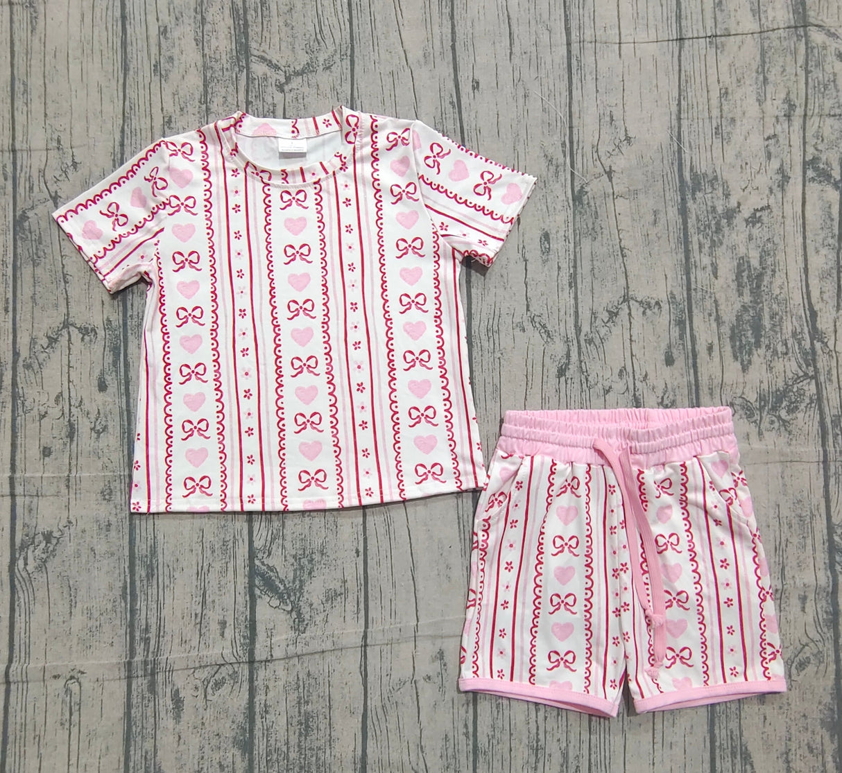 Pink heart bow floral top shorts girls Valentine's outfits