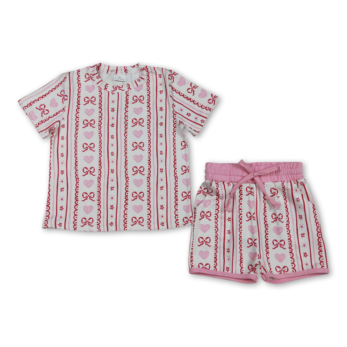 Pink heart bow floral top shorts girls Valentine's outfits