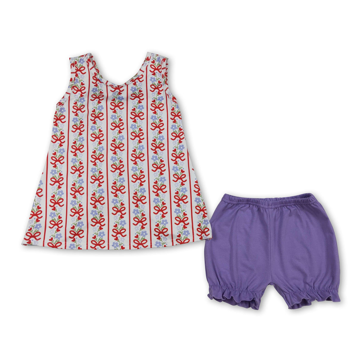Sleeveless floral bow tunic purple shorts girls outfits