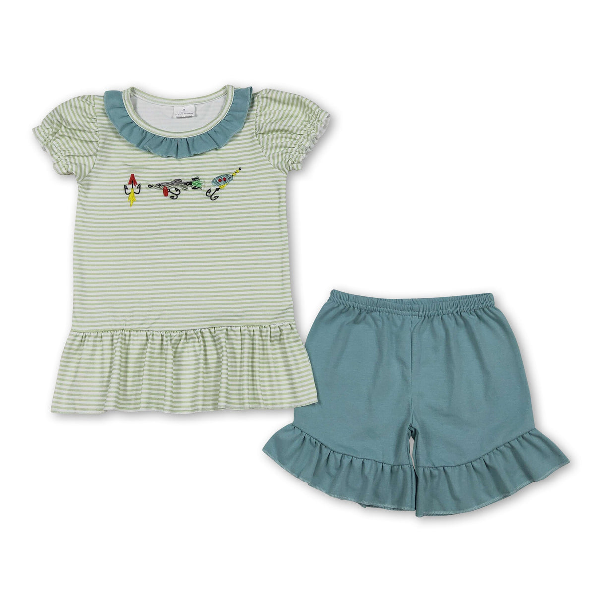 Stripe fishing embroidery top shorts girls clothing set