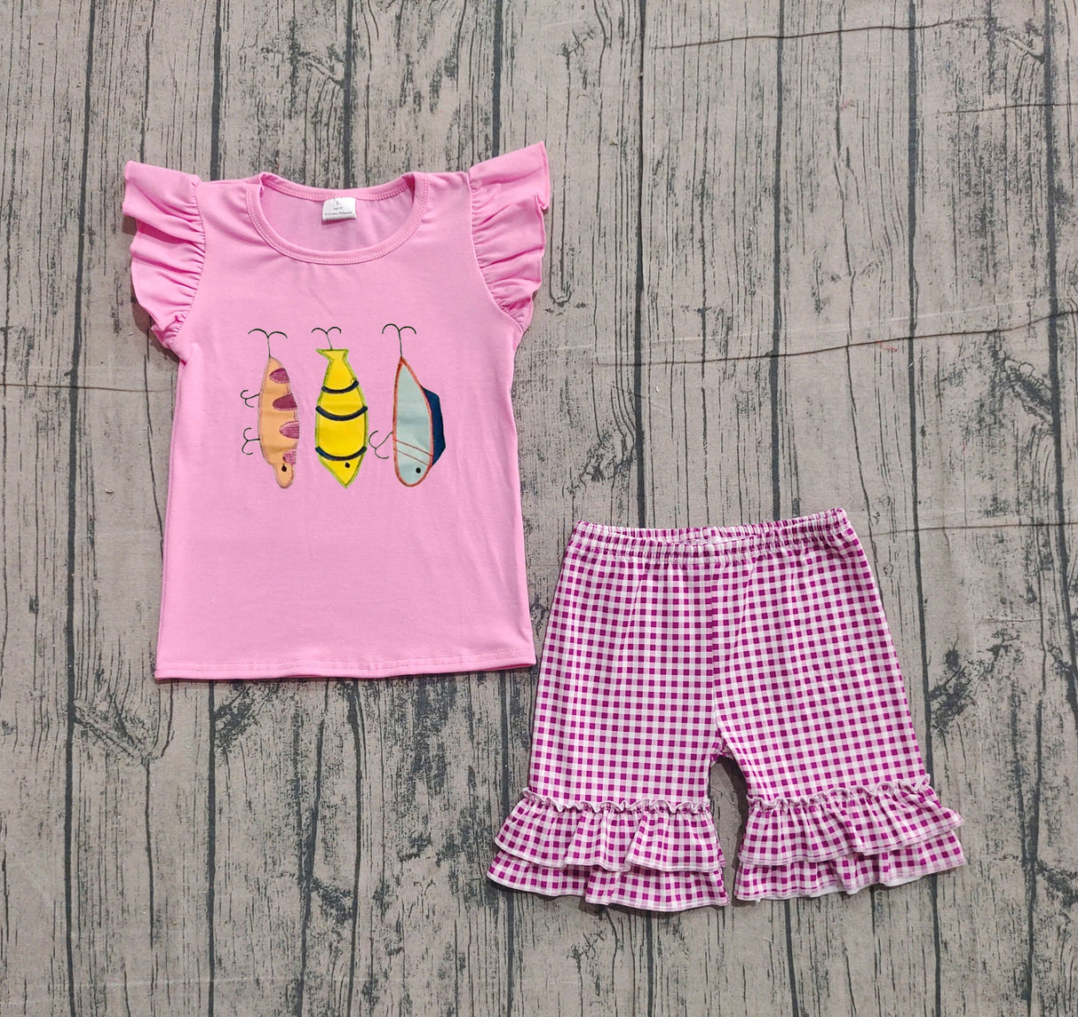 Short sleeves fishing top plaid shorts kids girls outfits