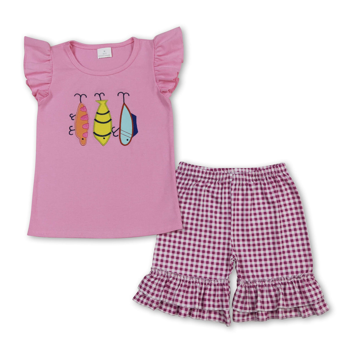 Short sleeves fishing top plaid shorts kids girls outfits