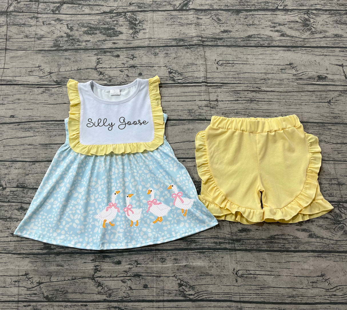 Sleeveless silly goose tunic ruffle shorts girls outfits