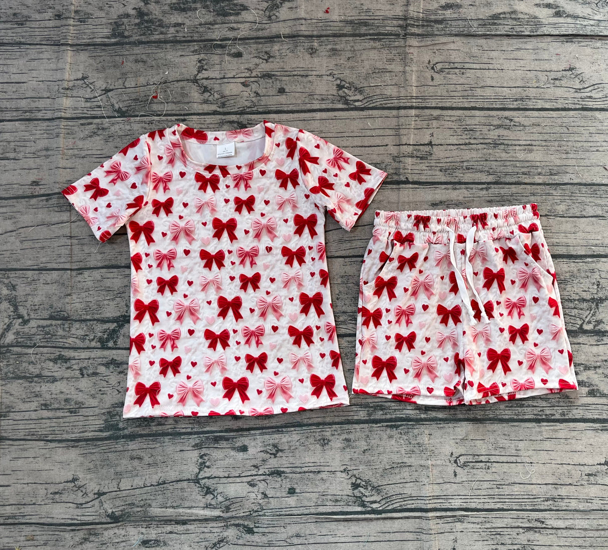 Pink red bow heart top shorts girls Valentine's set