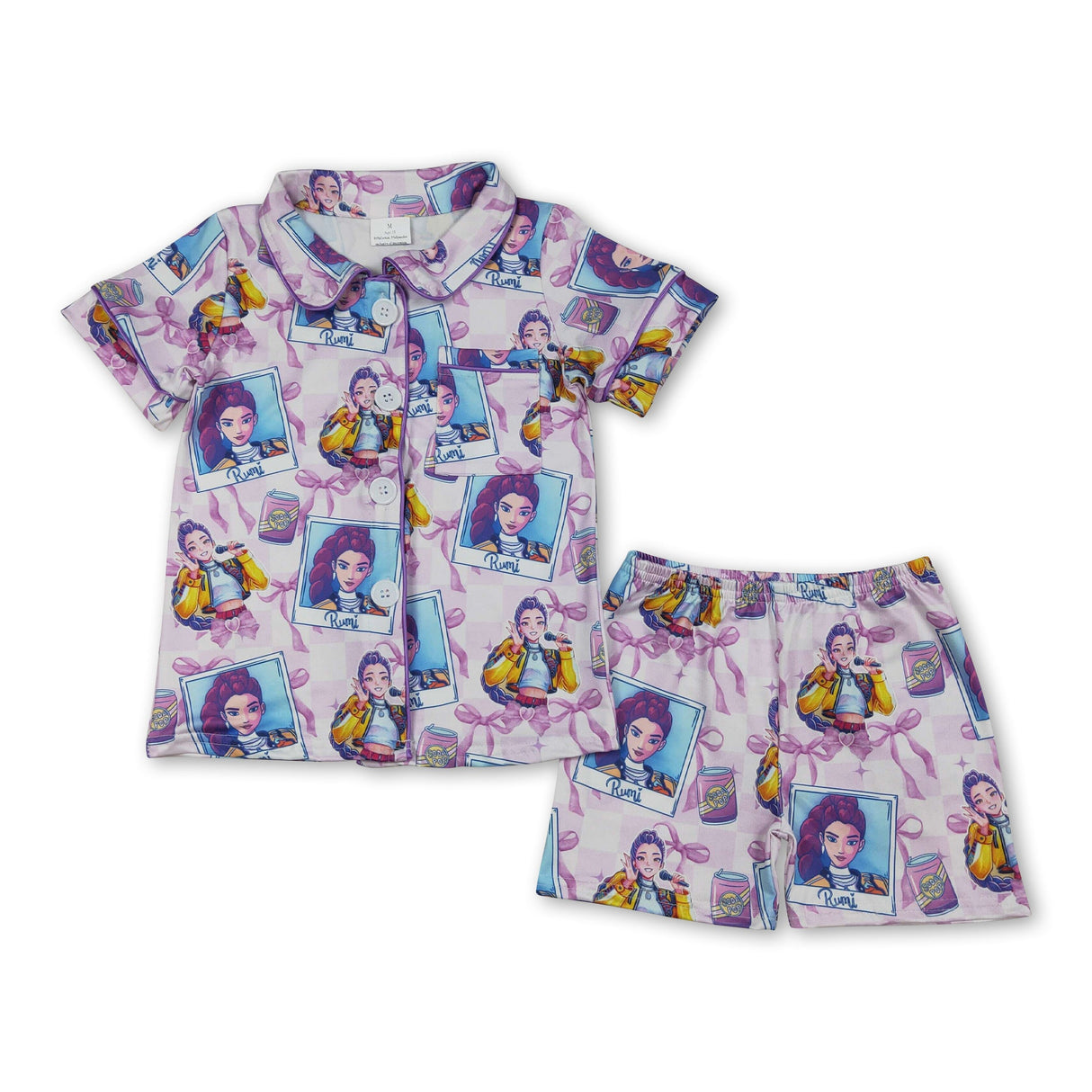 Short sleeves purple bow music kids girls button down pajamas