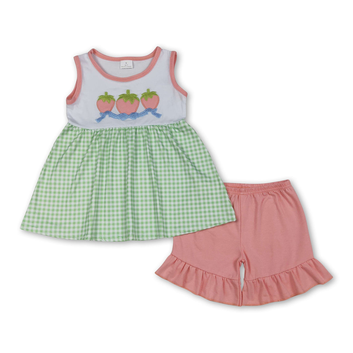 Sleeveless strawberry bow tunic shorts girls clothing set