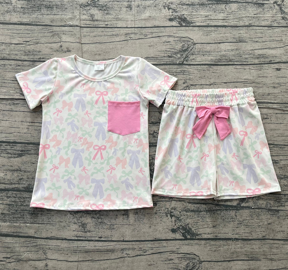 Short sleeves bows pink pocket top shorts girls outfits