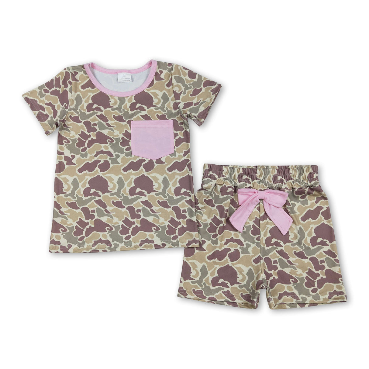 Short sleeves pink pocket bow camo kids girls outfits