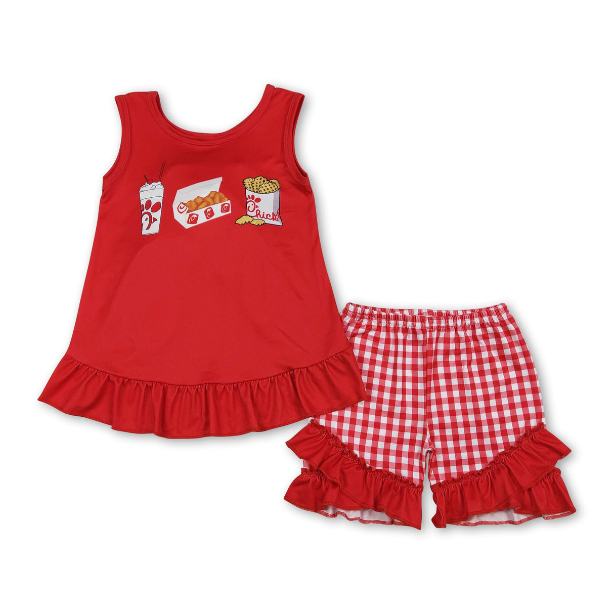 Red chicken fries top plaid shorts kids girls summer outfits
