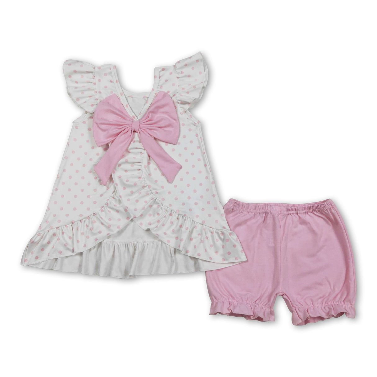 Polka dots cross tunic pink ruffle shorts girls outfits