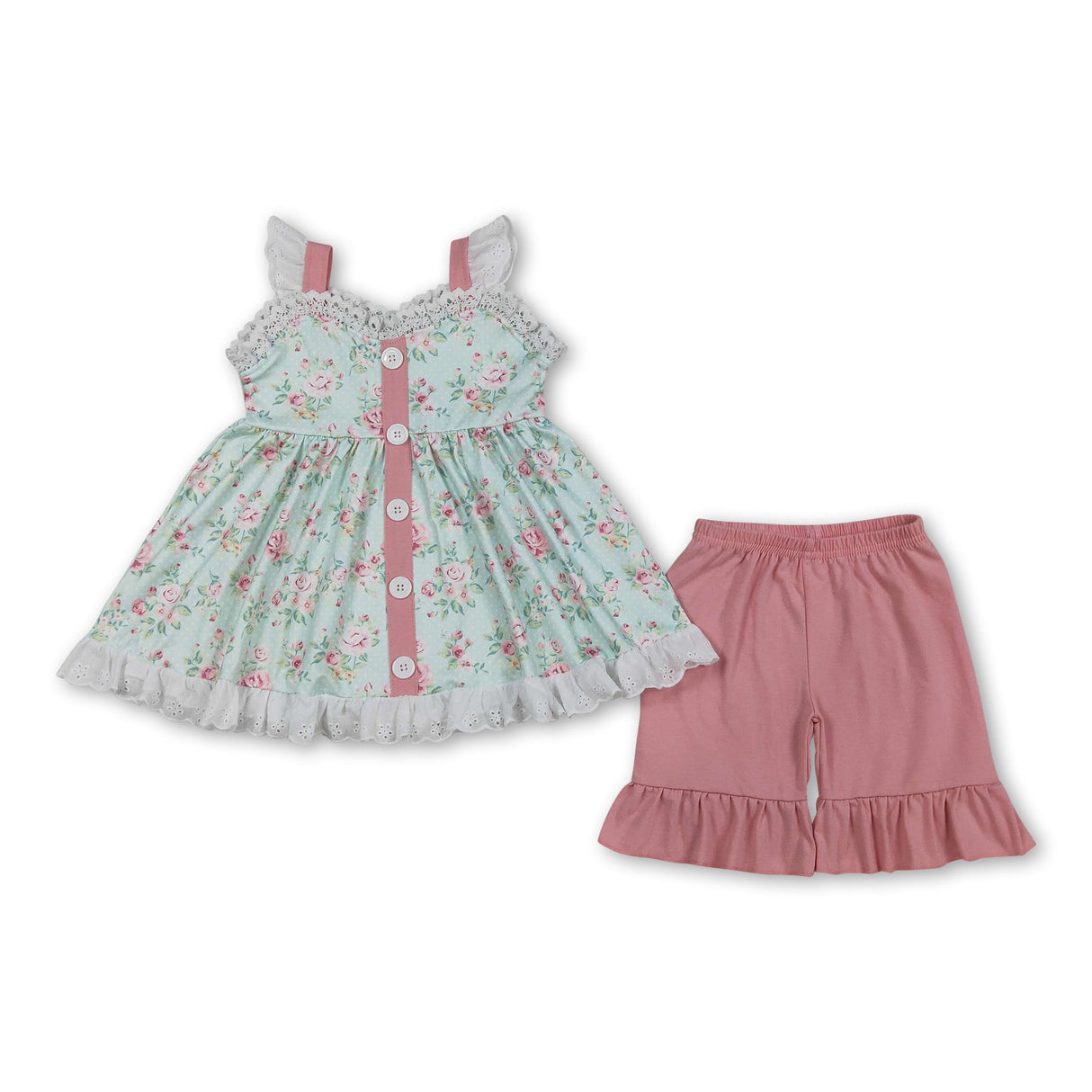 Flutter sleeves floral button tunic ruffle shorts girls outfits