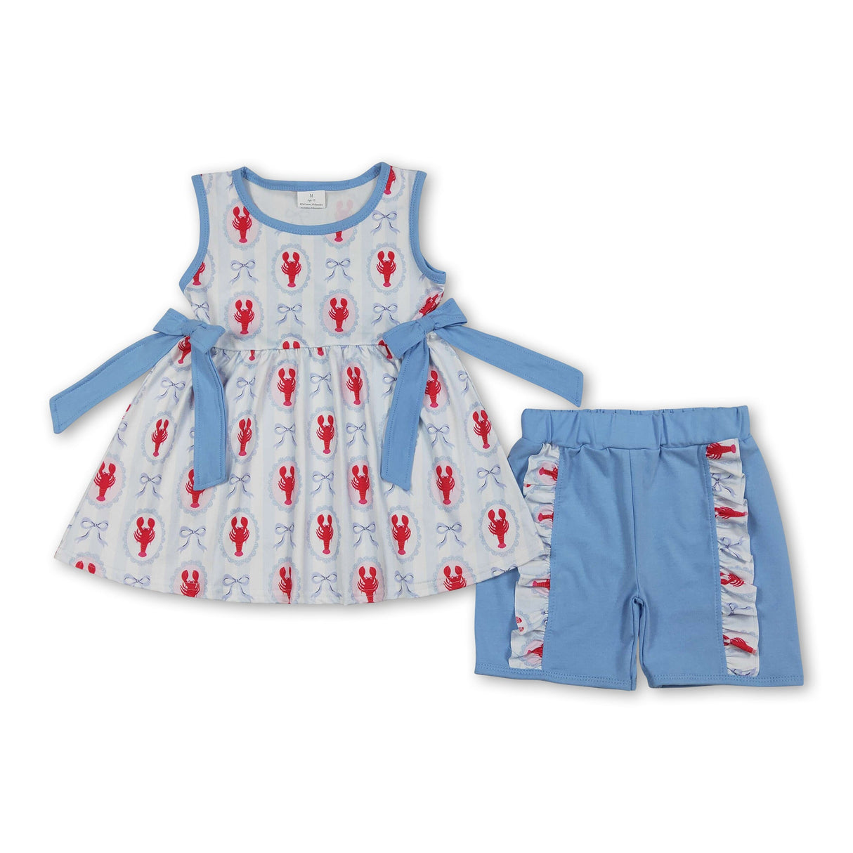 Sleeveless crawfish light blue bow kids girls summer outfits