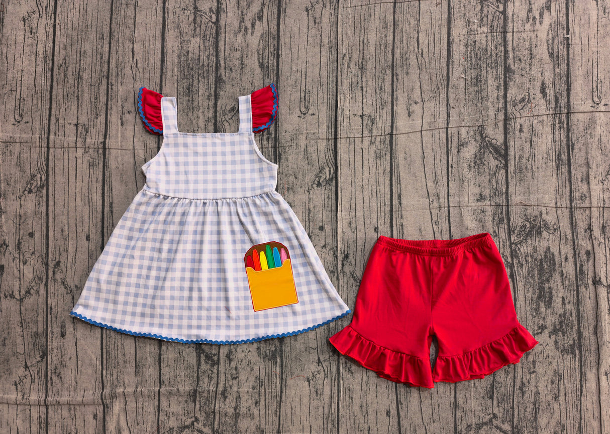 Plaid crayon embroidery tunic shorts girls back to school outfits
