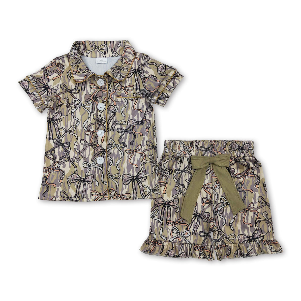 Short sleeves camo bow kids girls button down pajamas