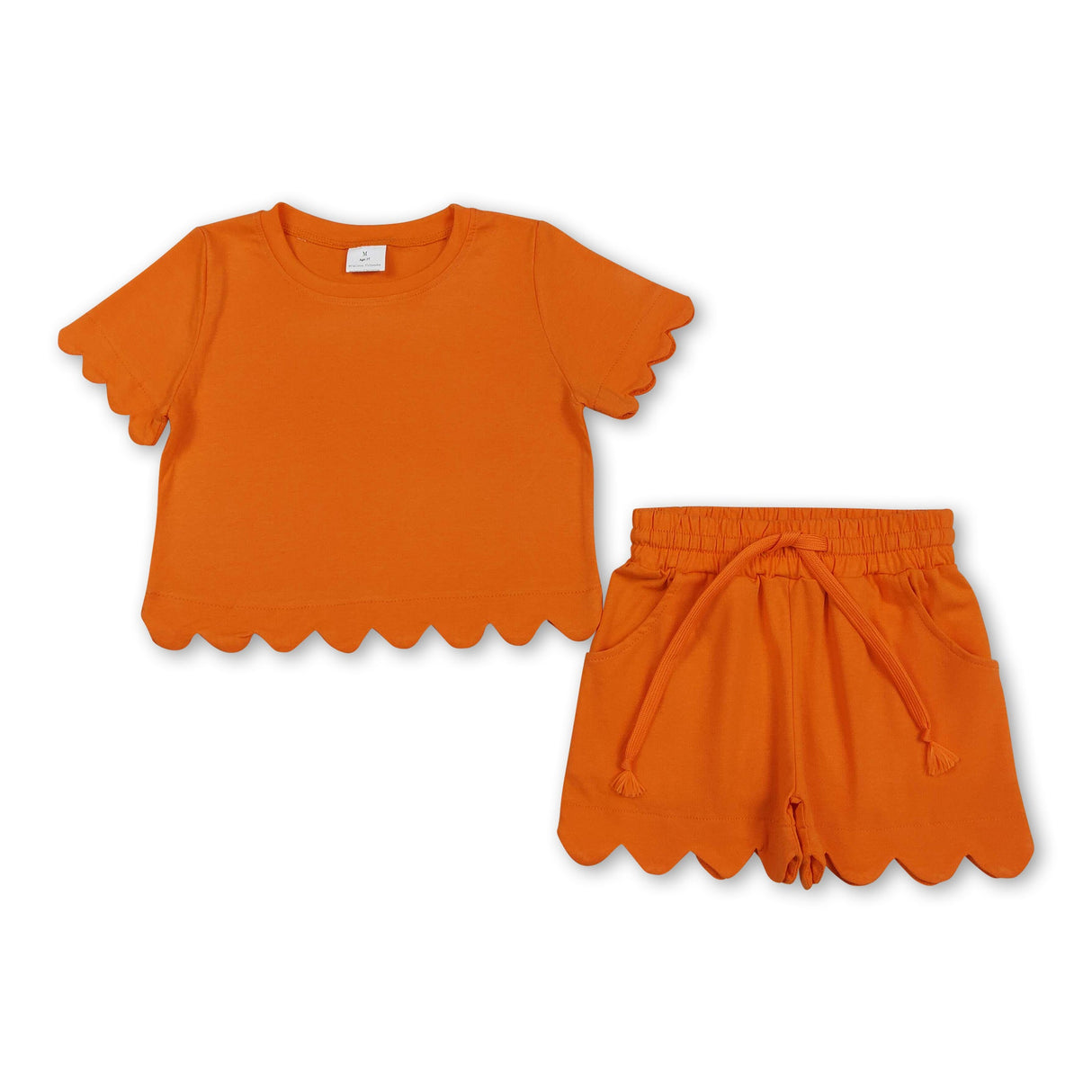 Short sleeves orange scallop top shorts girls summer outfit