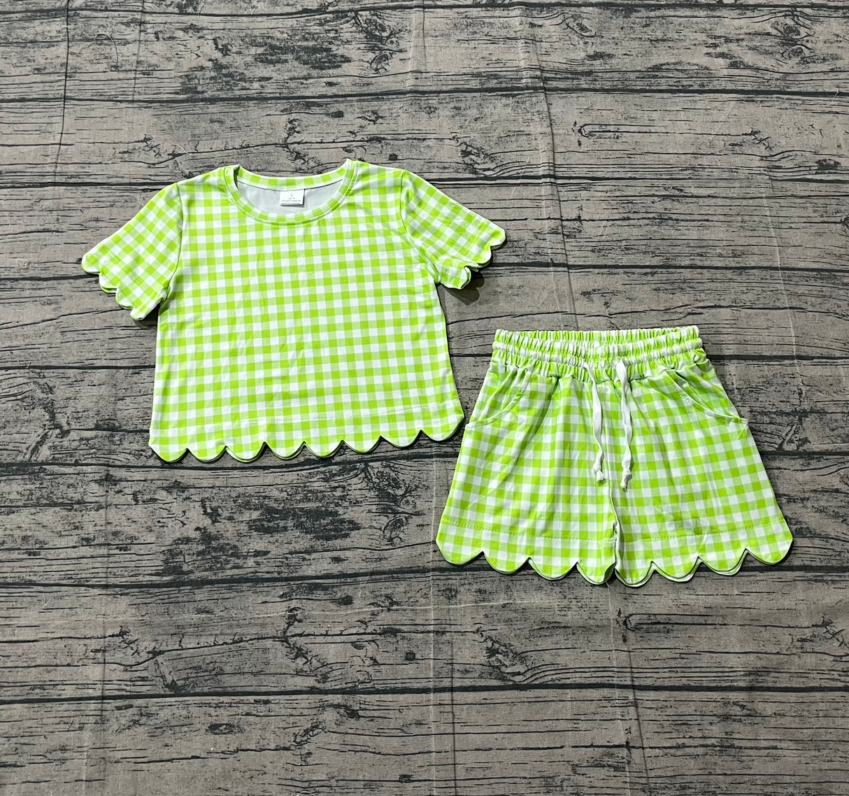 Lime green plaid scallop top shorts girls summer outfit