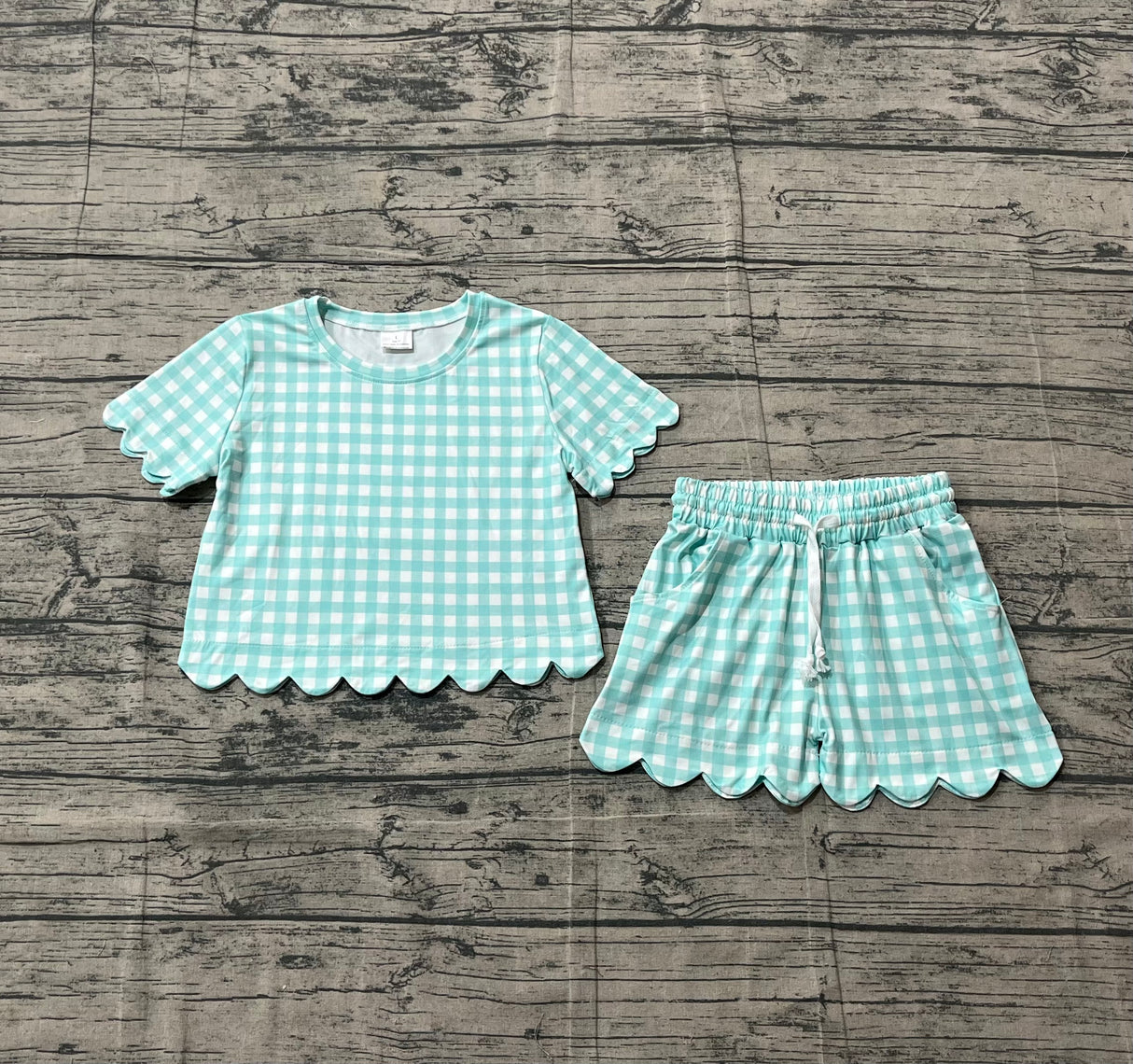 Aqua plaid scallop top shorts girls summer outfit