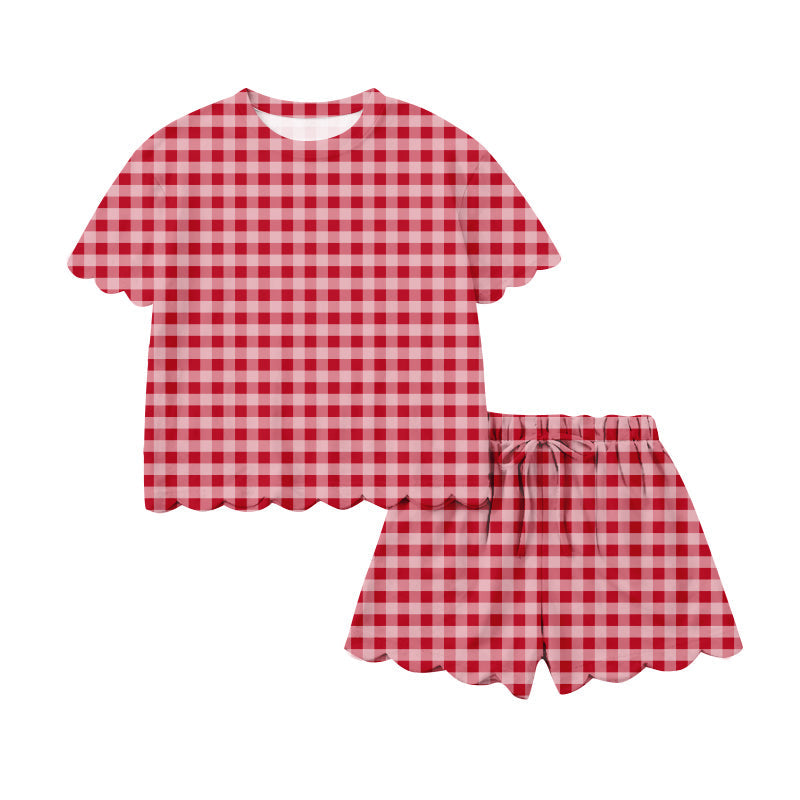 Red plaid scallop top shorts women summer outfits