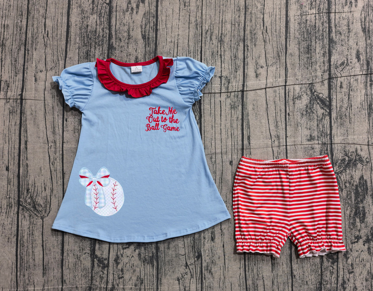 Short sleeves baseball bow tunic stripe shorts girls outfits
