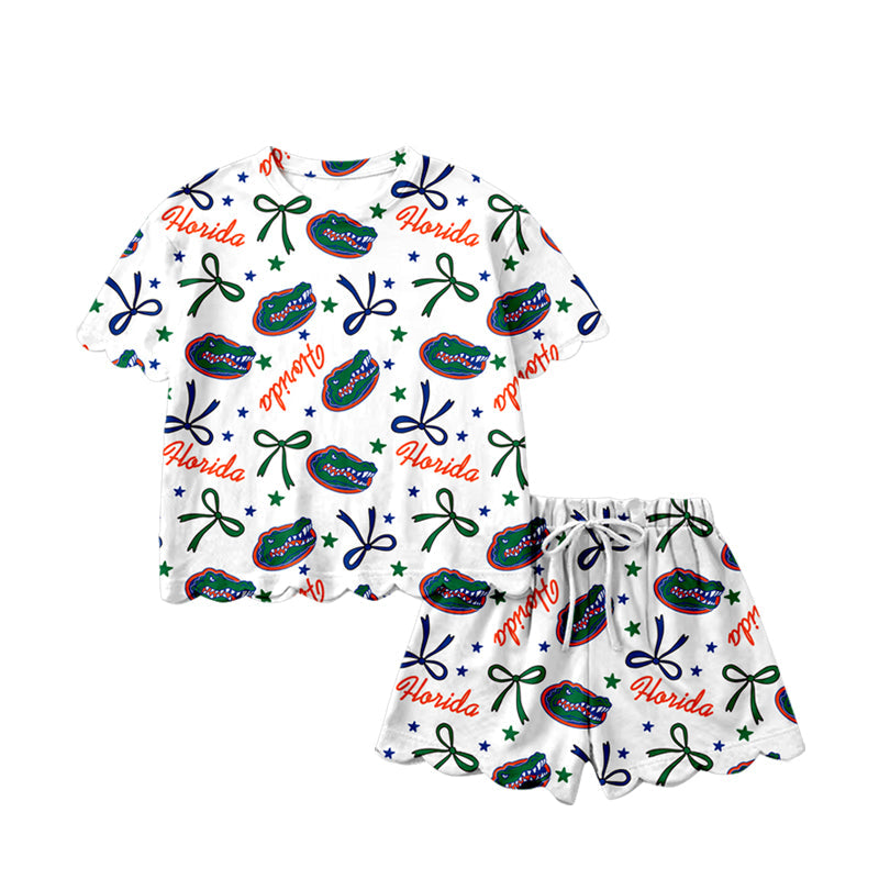 Short sleeves crocodile bow scallop girls team outfits